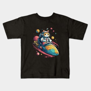 Colorful Cat Space Adventure - Whiskers Soaring on a Cosmic Rocket! Kids T-Shirt